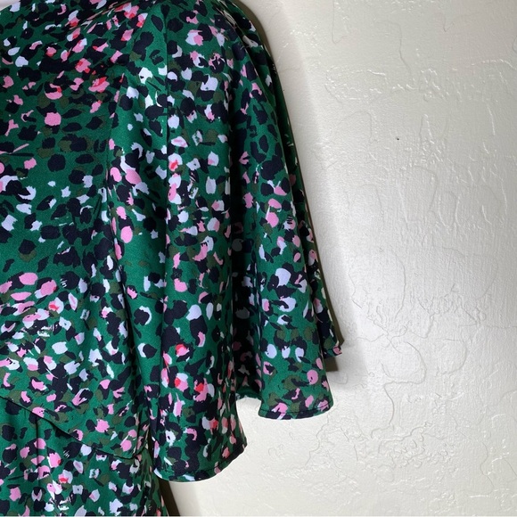Topshop Animal Print Satin Open Back Green Flutter Sleeve Mini Dress Size 2 - Picture 7 of 16